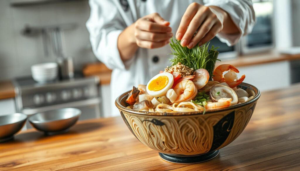A close-up, high-resolution, detailed view of a traditional Japanese seafood ramen dish being prepared on a wooden surface. In the foreground, fresh ramen noodles are being delicately arranged in a large, steaming bowl. Surrounding the noodles are various sliced and diced seafood ingredients such as shrimp, scallops, and slivers of fish. In the middle ground, a chef's hands are meticulously garnishing the ramen with chopped green onions, a soft-boiled egg, and a sprinkle of sesame seeds. The background features a minimalist, clean kitchen setting with stainless steel appliances and a subtle natural light source, creating a serene, mouth-watering atmosphere.