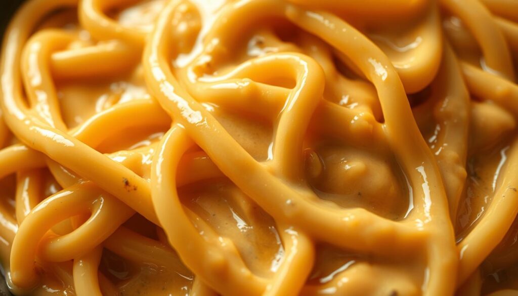 A close-up shot of a creamy, velvety ramen carbonara, showcasing the intricate texture and mouthwatering creaminess. The noodles are coated in a rich, glossy sauce that glistens under soft, warm lighting, creating an inviting and appetizing scene. The texture appears smooth and silky, with subtle variations and striations that suggest the skilled techniques used to achieve this luxurious consistency. The overall mood is one of indulgence and culinary mastery, inviting the viewer to imagine the satisfying, umami-packed flavors of this fusion dish.