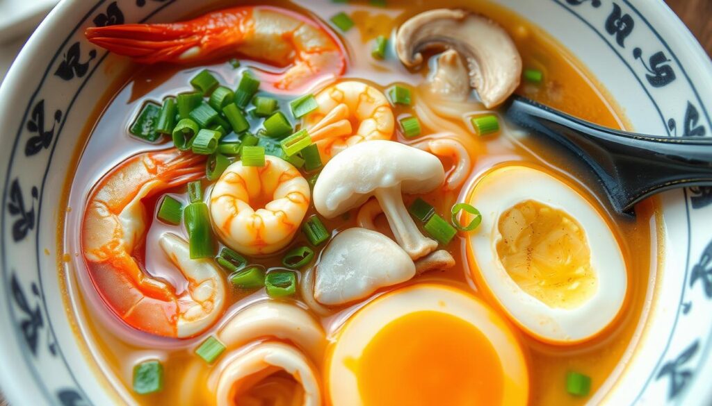 A detailed nutritional breakdown of a steaming bowl of homemade seafood ramen, showcasing the various macronutrients, vitamins, and minerals that make this Japanese dish a nourishing and health-promoting meal. The ramen broth is clear and aromatic, with slivers of fresh seafood - plump shrimp, tender squid, and delicate white fish - floating in the savory liquid. Delicate noodles are entwined, complemented by vibrant green onions, earthy mushrooms, and a soft-boiled egg with a gooey yolk. The scene is illuminated by natural light, captured at a low angle to emphasize the depth and layers of the dish. The overall mood is one of wellness and culinary delight.