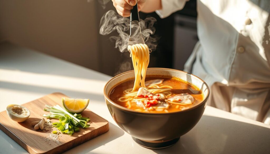 A dimly lit kitchen counter, steam rising from a large pot simmering with a rich, golden-brown broth. Slender noodles and thinly sliced pork float in the savory liquid, as a chef in a crisp white apron carefully ladles the mixture into a bowl. The scene is bathed in warm, natural light, casting subtle shadows that accentuate the texture of the ingredients. In the background, a wooden cutting board showcases freshly chopped scallions, a wedge of lemon, and a sprinkle of aromatic spices, hinting at the authentic flavors to come. The overall atmosphere is one of focused preparation, capturing the essence of the iconic Ichiraku Ramen dish.