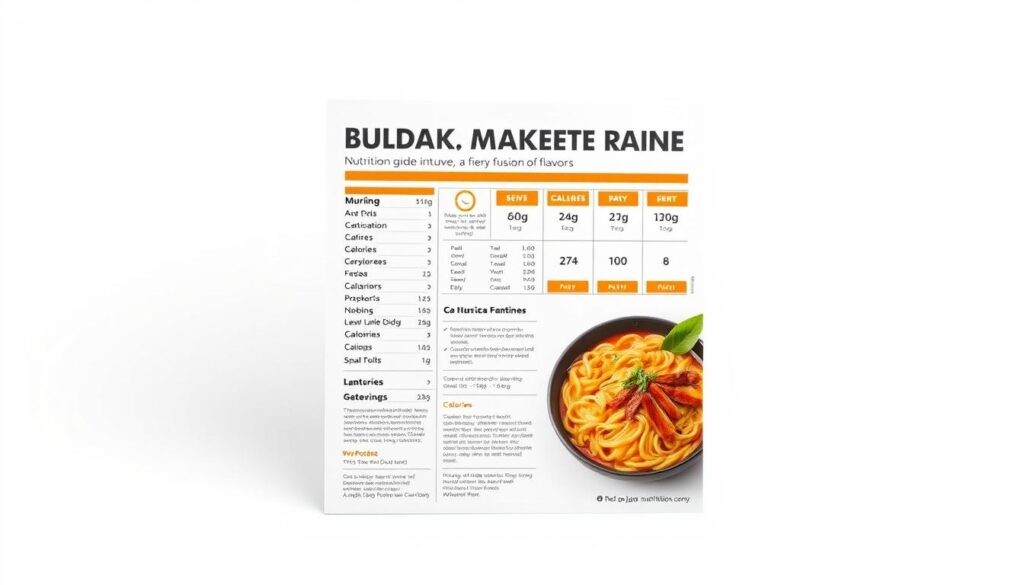 A high-quality, detailed image of a &quot;Buldak Ramen Carbonara Nutrition Guide&quot; against a clean, white background. The guide is presented on a sleek, modern design with a minimalist aesthetic. It features a clear and concise breakdown of the nutritional information, including macronutrients, calories, and any relevant dietary considerations. The layout is organized and easy to read, with bold, legible typography. The color palette utilizes warm, earthy tones to complement the spicy, umami flavors of the ramen dish. Lighting is soft and even, creating a professional, editorial-style appearance suitable for an article on &quot;Buldak Ramen Carbonara: A Fiery Fusion of Flavors&quot;.