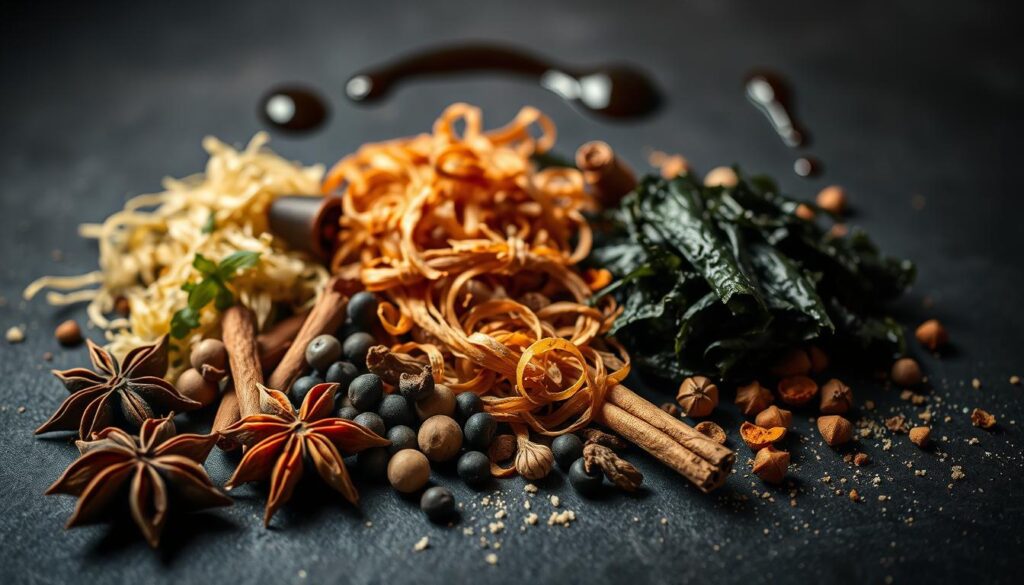 A meticulously arranged still life showcasing the harmonious fusion of ramen seasoning elements. In the foreground, an array of whole spices - fragrant star anise, earthy peppercorns, and aromatic cinnamon sticks - artfully scattered across a dark, moody surface. In the middle ground, delicate dried herbs like shredded nori and slivers of dried mushroom create a textural tapestry. The background subtly hints at the rich umami notes, with a subtle glaze of soy sauce and a sprinkle of MSG crystals. Soft, directional lighting from the left casts dramatic shadows, emphasizing the depth and complexity of this ramen seasoning symphony. Captured with a shallow depth of field, creating a sense of focus and drawing the viewer's attention to the harmonious balance of flavors.
