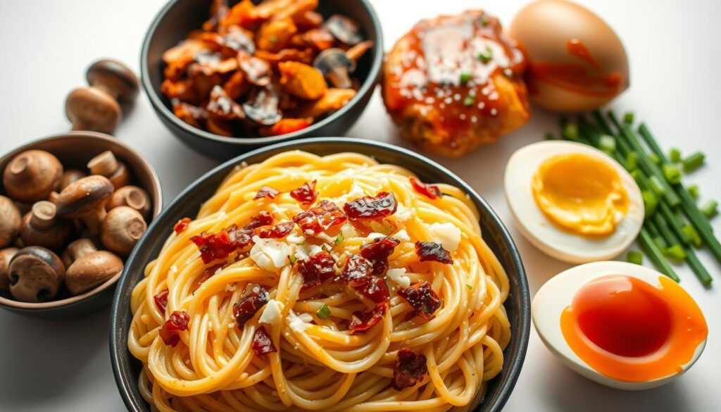 A neatly arranged mise en place featuring the key ingredients for preparing Buldak Carbonara Ramen. In the foreground, a pile of freshly cooked al dente ramen noodles, glistening with a rich, creamy carbonara sauce made with smoky bacon, parmesan, and a touch of spicy Korean gochujang. Surrounding the noodles are bowls of sautéed mushrooms, crispy pan-fried chicken thighs coated in a sticky, fiery Buldak sauce, a soft-boiled egg with a golden runny yolk, and fresh scallions for garnish. The image is captured under bright, evenly-distributed studio lighting, creating defined shadows and highlights that accentuate the textures and colors of the ingredients. The overall composition is simple yet visually appealing, inviting the viewer to imagine the bold, complex flavors of this unique fusion dish.