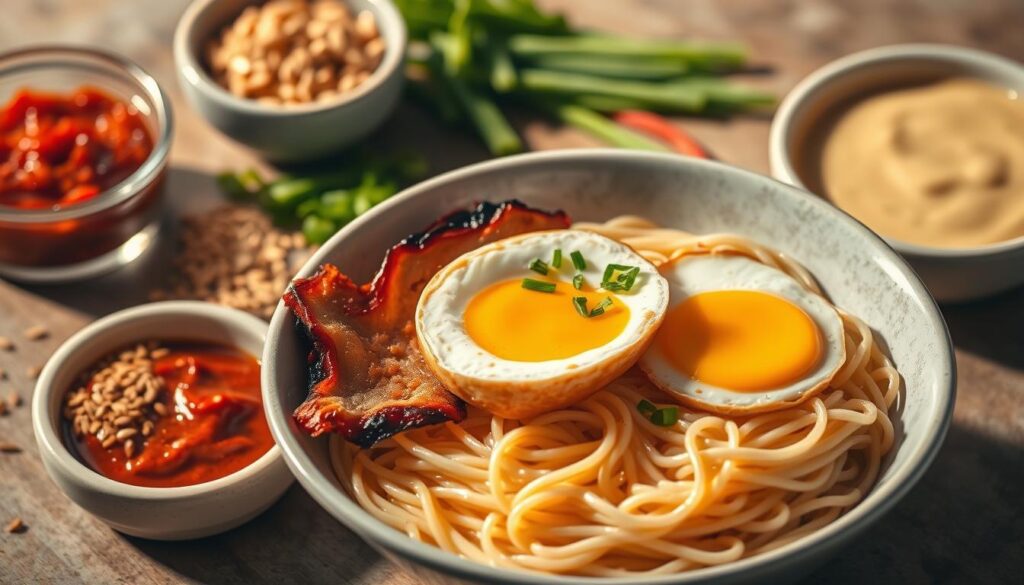 A neatly arranged still life showcasing the essential ingredients for a mouthwatering Buldak Carbonara Ramen dish. In the foreground, a pile of freshly cooked, al dente ramen noodles nestled among slivers of crispy, caramelized pork belly and a perfectly cooked, runny-yolked egg. Surrounding this central focus are vibrant red gochujang paste, toasted sesame seeds, scallions, and a small bowl of rich, creamy carbonara sauce. The image is bathed in warm, directional lighting, casting subtle shadows and highlights that accentuate the textures and colors of the ingredients. The overall composition is visually balanced and inviting, conveying the alluring fusion of spicy, savory, and indulgent flavors that define this unique ramen dish.