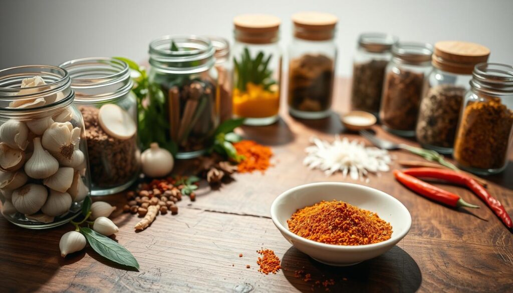 A rustic wooden table holds an array of spices and herbs, meticulously arranged to create a homemade ramen seasoning mix. In the foreground, glass jars brimming with fragrant ingredients like garlic, ginger, onion, and chili peppers take center stage, casting soft shadows on the table's surface. In the middle ground, a small ceramic bowl showcases the blended seasoning, its rich, earthy tones hinting at the complex flavors to come. The background is a minimalist, light-filled setting, accentuating the natural textures and colors of the artisanal spread. The overall mood is one of culinary artistry and the promise of a delectable ramen experience.