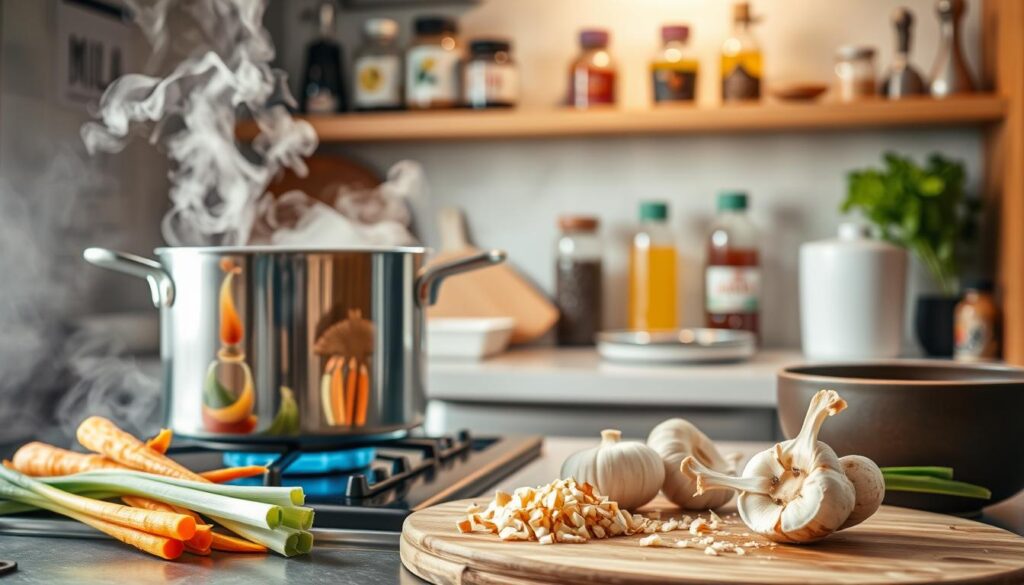 A serene kitchen scene showcases the preparation of a nourishing ramen broth. In the foreground, a large stockpot simmers atop a gas stove, tendrils of fragrant steam rising. Arrangement of fresh vegetables - sliced carrots, shiitake mushrooms, and spring onions - stand ready to be added, their vibrant colors contrasting against the backdrop of gleaming stainless steel appliances. Soft, diffused lighting illuminates the scene, casting a warm, inviting glow. In the middle ground, a wooden cutting board displays neatly chopped ginger and garlic, their aromatic oils infusing the air. The background features shelves lined with jars of umami-rich condiments - miso paste, soy sauce, and toasted sesame oil - the building blocks of a deeply flavorful, nutrient-dense broth.