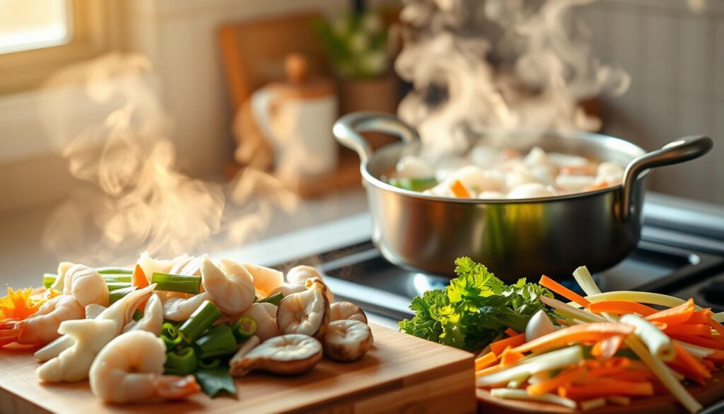 A simmering pot of aromatic seafood broth, steaming over a gas stove. In the foreground, fresh ingredients are carefully prepared - juicy shrimp, tender scallops, and delicate squid. Sliced ginger, garlic, and green onions add layers of flavor. The middle ground features a wooden cutting board with finely chopped vegetables - earthy shiitake mushrooms, crisp bok choy, and vibrant carrots. Wisps of steam rise from the pot, casting a warm, golden glow throughout the scene. The background is softly blurred, emphasizing the intense focus on the broth-making process. Soft, natural lighting illuminates the scene, capturing the essence of a traditional Japanese kitchen.