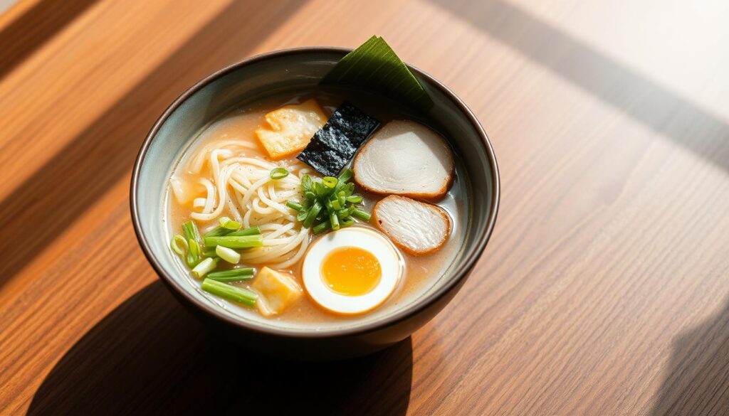 A sleek, minimalist Japanese ramen bowl presented on a wooden table. The bowl features a steaming hot broth, perfectly cooked noodles, tender pork chashu, and delicate garnishes like scallions, ajitsuke tamago, and nori. Soft natural lighting illuminates the dish, casting gentle shadows and highlighting the vibrant colors and textures. The composition is balanced, with the bowl slightly off-center, allowing negative space to create a sense of elegance and simplicity. The overall scene conveys the artistry and craftsmanship of authentic Japanese ramen presentation.