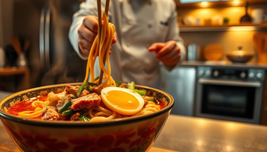 A steaming bowl of spicy Asian noodles sits in the foreground, its rich, savory broth glistening under the warm, golden lighting. Thick, slippery noodles twirl around tender slices of pork, crisp vegetables, and a perfectly soft-boiled egg, the yolk oozing invitingly. In the middle ground, a chef's hands skillfully toss the ingredients, expertly balancing the perfect ratio of heat, creaminess, and umami. The background features a cozy, modern Asian-inspired kitchen, with sleek stainless steel appliances and a minimalist, neutral-toned decor, creating a sense of tranquility and culinary focus.