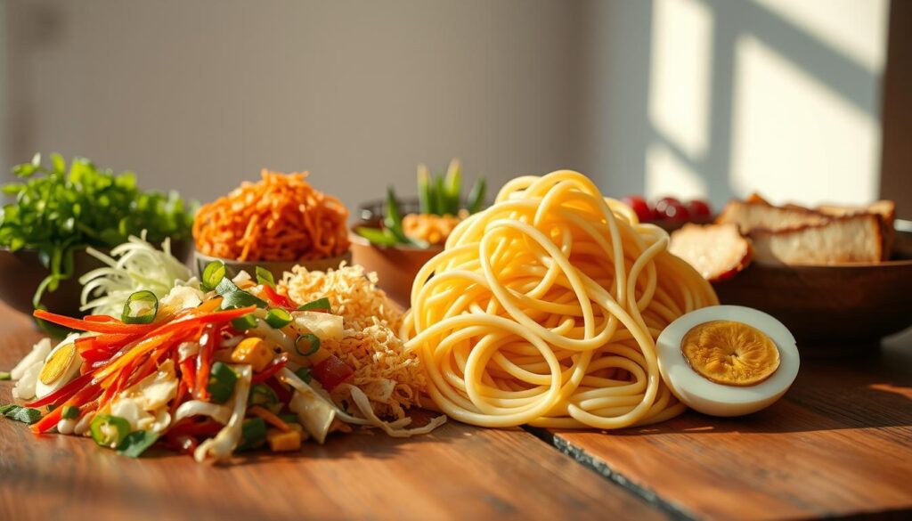A vibrant assortment of creative ramen toppings arranged artfully on a wooden table, with natural lighting casting a warm glow. In the foreground, an array of colorful garnishes such as sliced scallions, crispy fried onions, marinated soft-boiled eggs, and slivers of roasted pork. In the middle ground, neatly coiled strands of freshly cooked ramen noodles, their texture and sheen captured in fine detail. The background features a minimalist, uncluttered setting, allowing the toppings to take center stage and showcase their delightful textures and flavors. The overall mood is one of culinary creativity, inviting the viewer to imagine the delicious possibilities of customizing their ramen bowl.