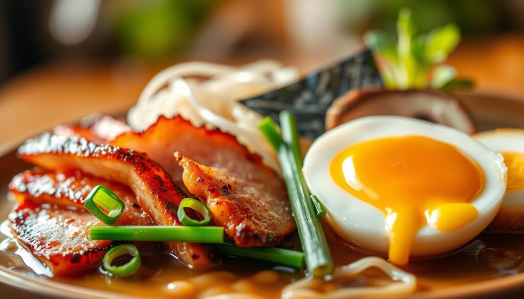 A visually sumptuous arrangement of the most quintessential ramen toppings, artfully presented against a softly blurred backdrop. In the foreground, succulent slices of pork belly, seasoned and seared to perfection, nestle alongside a perfectly marinated soft-boiled egg, its golden yolk oozing invitingly. Crisp, fresh scallions add vibrant pops of green, while delicate sheets of nori provide a savory umami contrast. In the middle ground, slender strands of ramen noodles, steaming and glistening, are accompanied by slivers of earthy, sautéed mushrooms. The overall composition is illuminated by warm, natural lighting, evoking the comforting atmosphere of an authentic ramen shop.