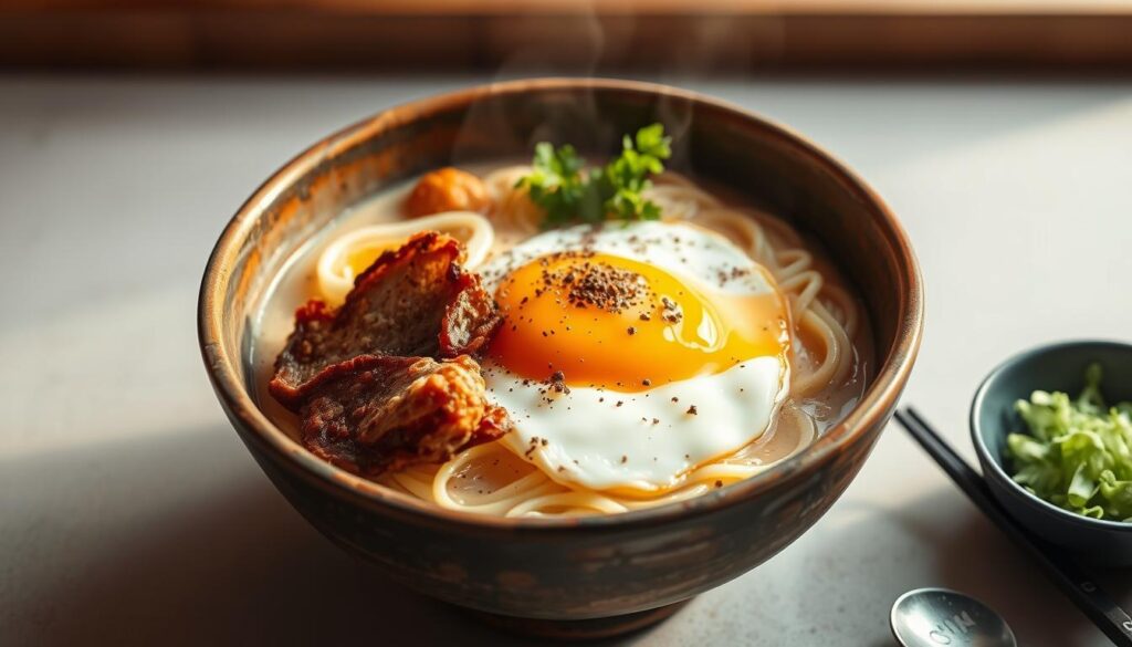 Creamy, steaming buldak ramen carbonara in a shallow, rustic bowl. Close-up view from above, with the noodles, crispy pork, gooey egg yolk, and a dusting of freshly cracked black pepper. Warm lighting from the side casts a soft glow, accentuating the textures and making the dish appear irresistibly appetizing. The scene is set against a simple, uncluttered background, allowing the vibrant colors and artful arrangement of the ingredients to take center stage.