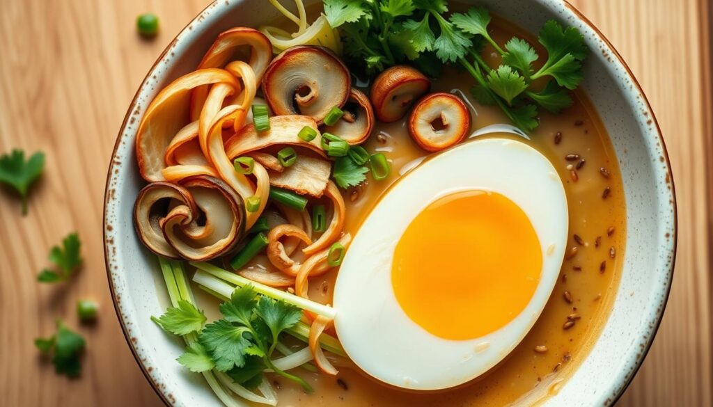 Elegant and vibrant ramen garnishing display. A delightful arrangement of thinly sliced marinated shiitake mushrooms, crisp sautéed enoki mushrooms, slivered green onions, a perfectly cooked soft-boiled egg with a golden yolk, fresh cilantro sprigs, and a sprinkle of toasted sesame seeds. The garnishes are elegantly positioned around the steaming bowl of ramen, creating an inviting and visually captivating composition. The lighting is soft and diffused, highlighting the colors and textures of the ingredients. Captured at a slight angle to showcase the depth and layers of the garnishing techniques.